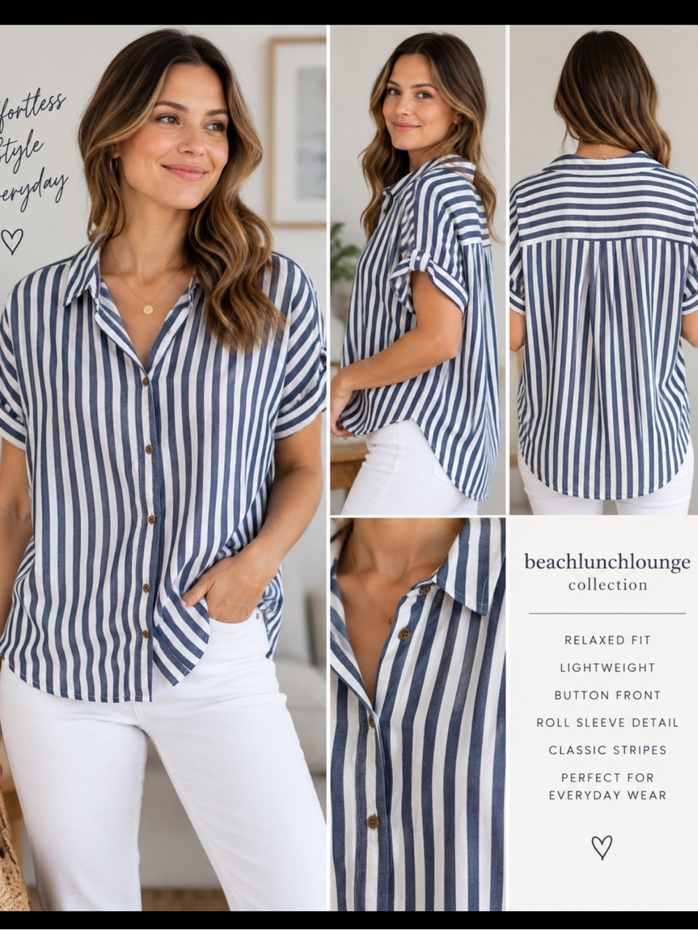 beachlunchlounge Navy and White mixed  Striped Button-Front Shirt. L